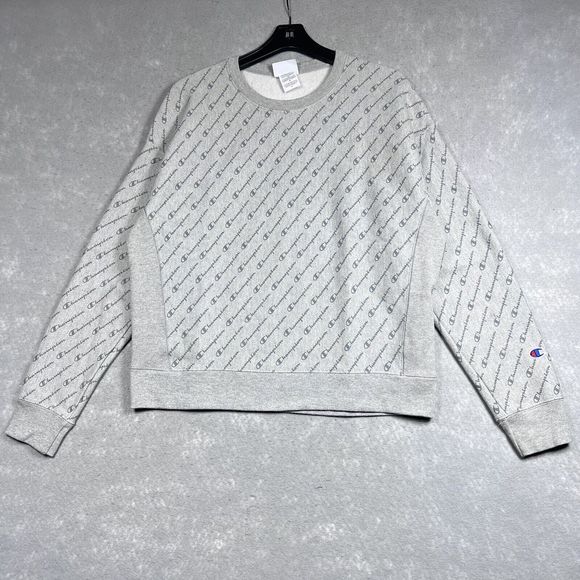 Champion Reverse Weave Sweater All Over Script Print CrewNeck Pullover Women XL - Picture 1 of 10
